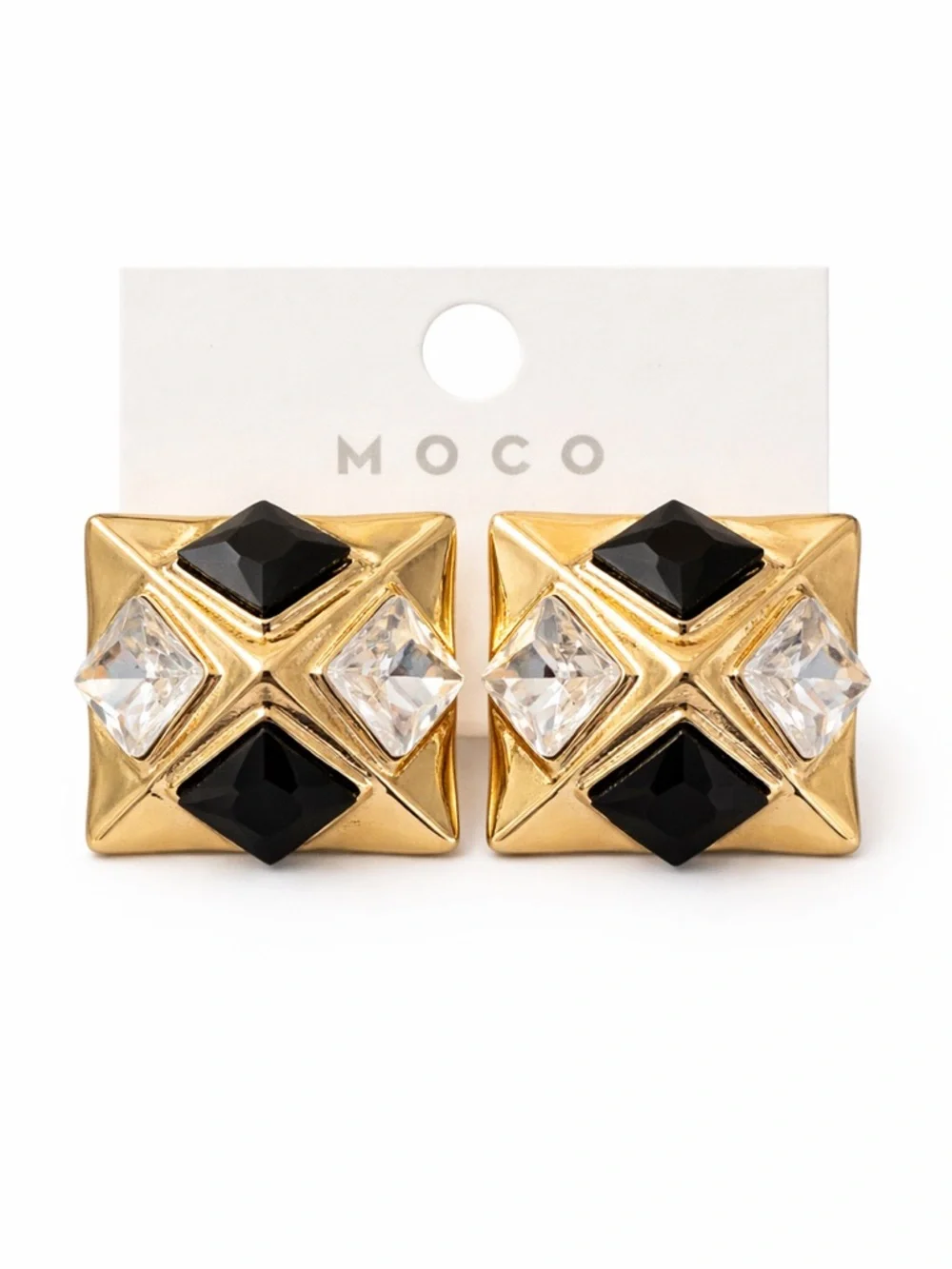 Vintage Style Gold Tone Statement Earrings Black & Crystal Rhinestone Hvy Wt NWT